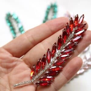 Апликация Листо с камъни червени, 2.5 х 10 см, с лепило