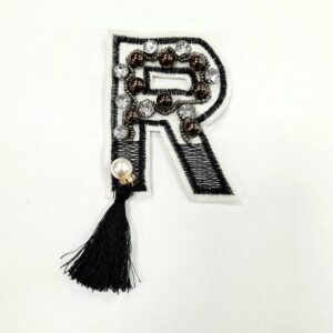 Апликация за пришиване “R“  бяла с черно + камъни 6.5см х 8.5см