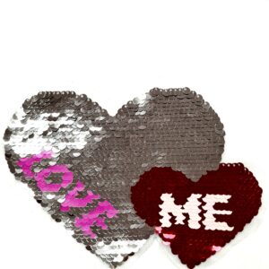 Двулицева апликация за пришиване 2 сърца LOVE ME с пайети 19 см х 15см