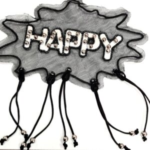 Апликация за пришиване HAPPY върху тюл с висящи топчета 21см х 21см