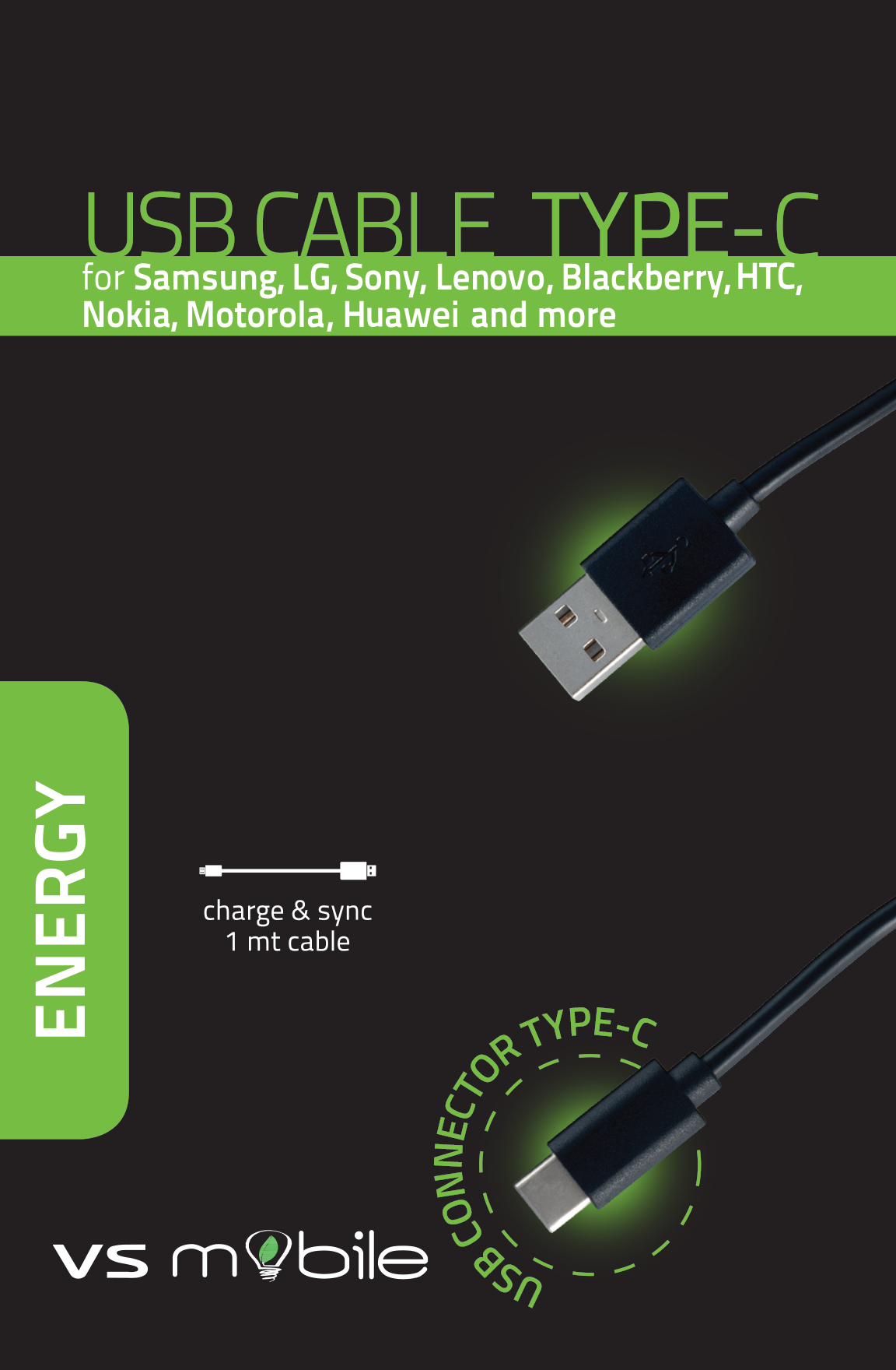 Кабел универсален USB към USB-C дължина 1m., VS Mobile, 30144, черен 1 Кабел универсален USB към USB-C дължина 1m., VS Mobile, 30144, черен